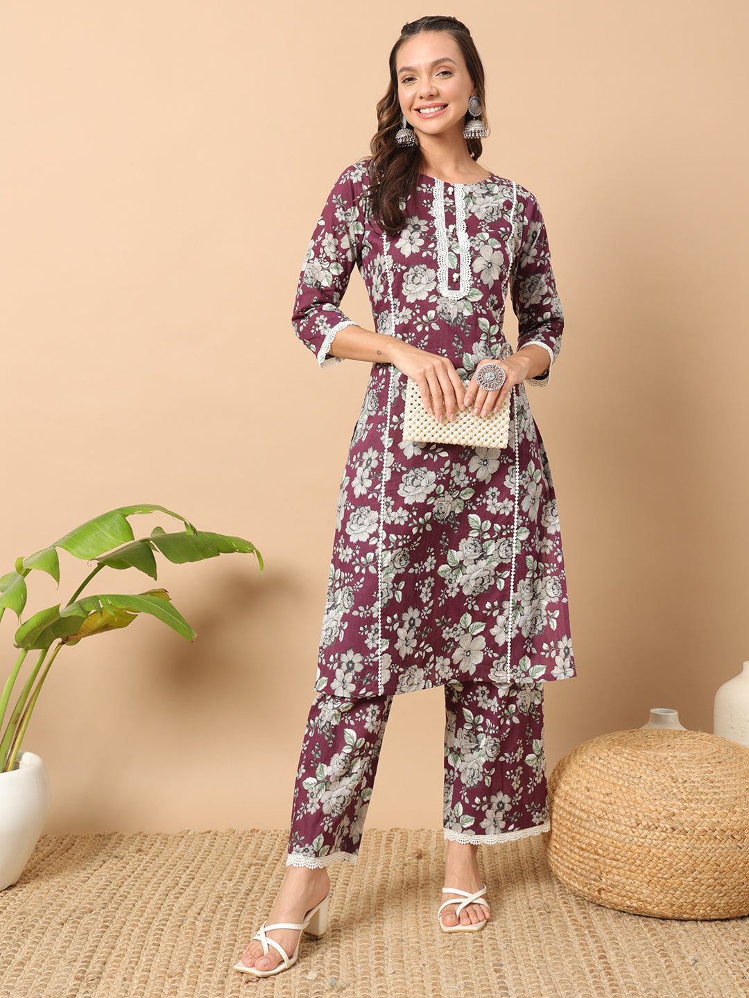 Women's Wine Cotton Straight Kurta Set