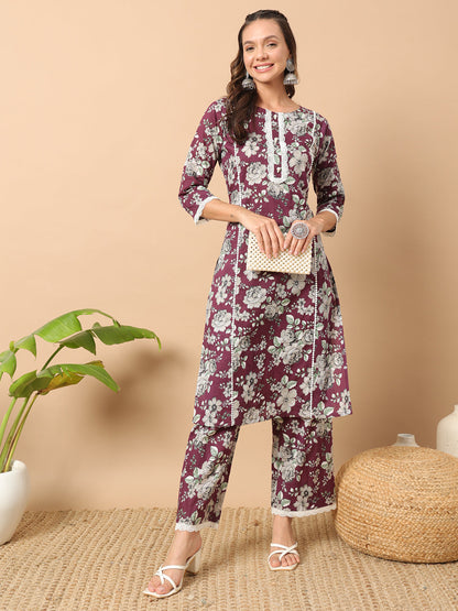 Women's Wine Cotton Straight Kurta Set
