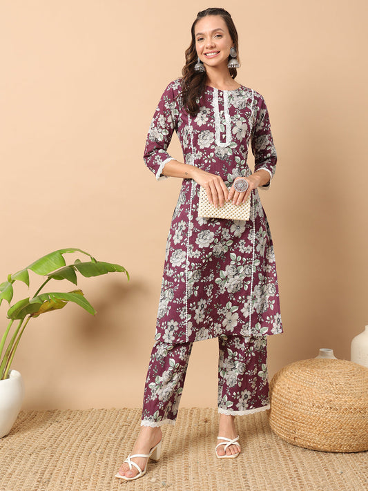 Women's Wine Cotton Straight Kurta Set