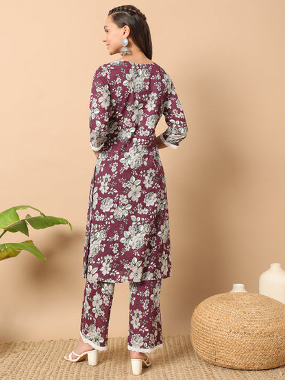 Women's Wine Cotton Straight Kurta Set