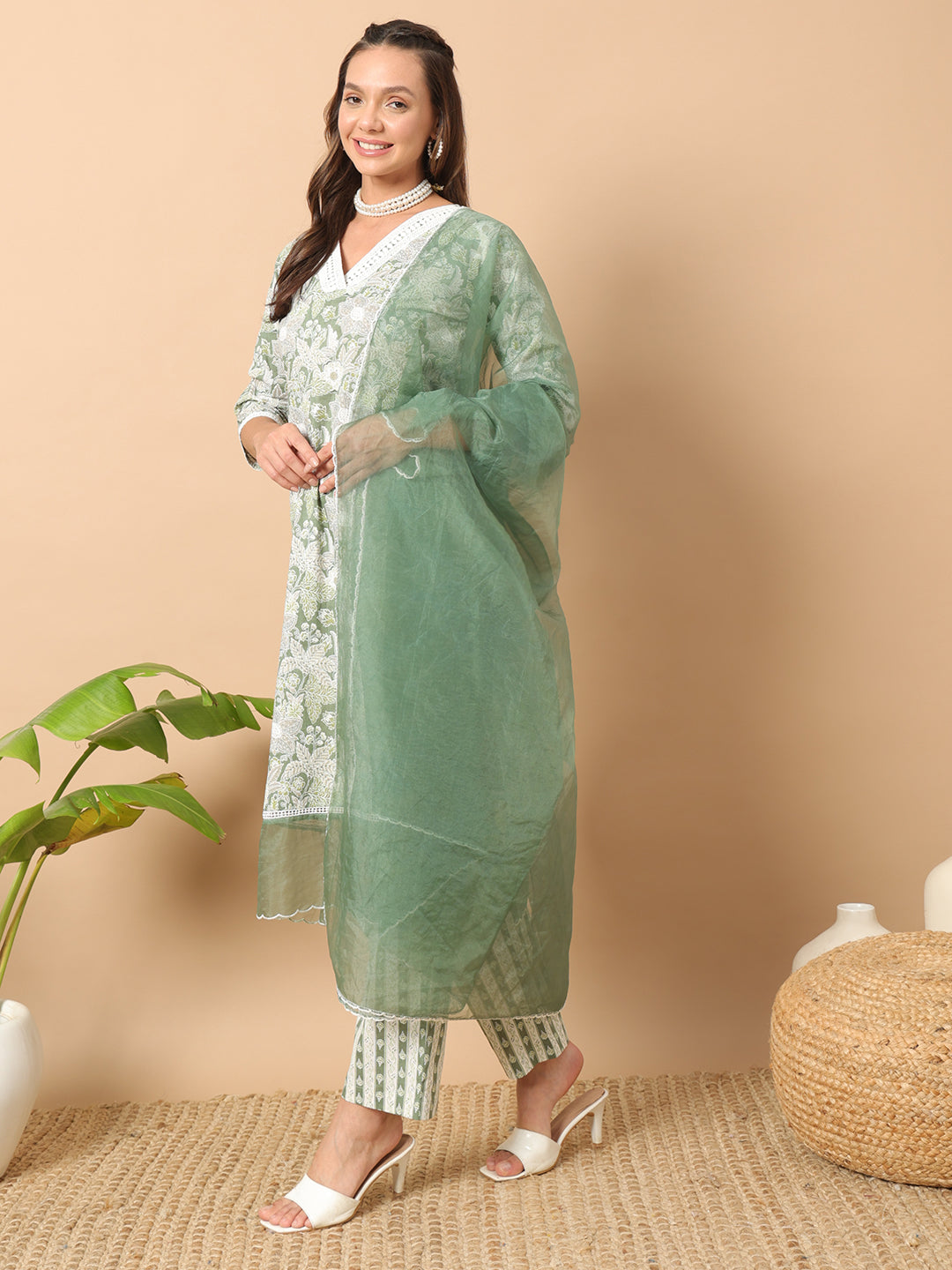 Women's Light Green Cotton Straight Kurta and Pant With Dupatta