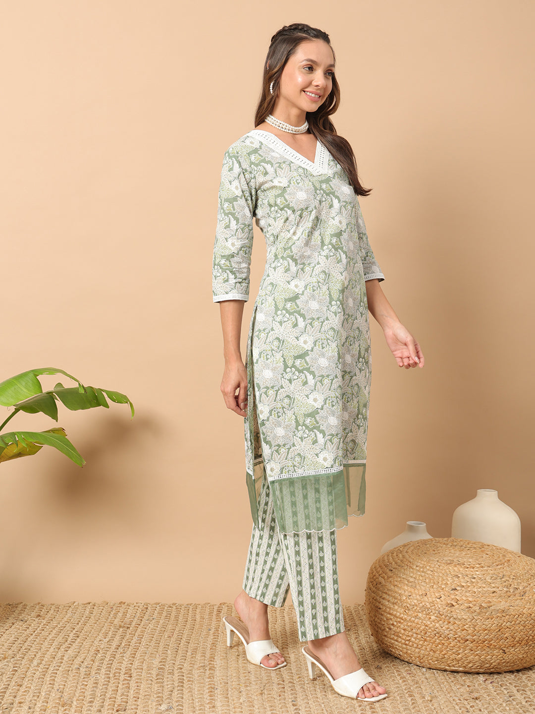 Women's Light Green Cotton Straight Kurta and Pant With Dupatta