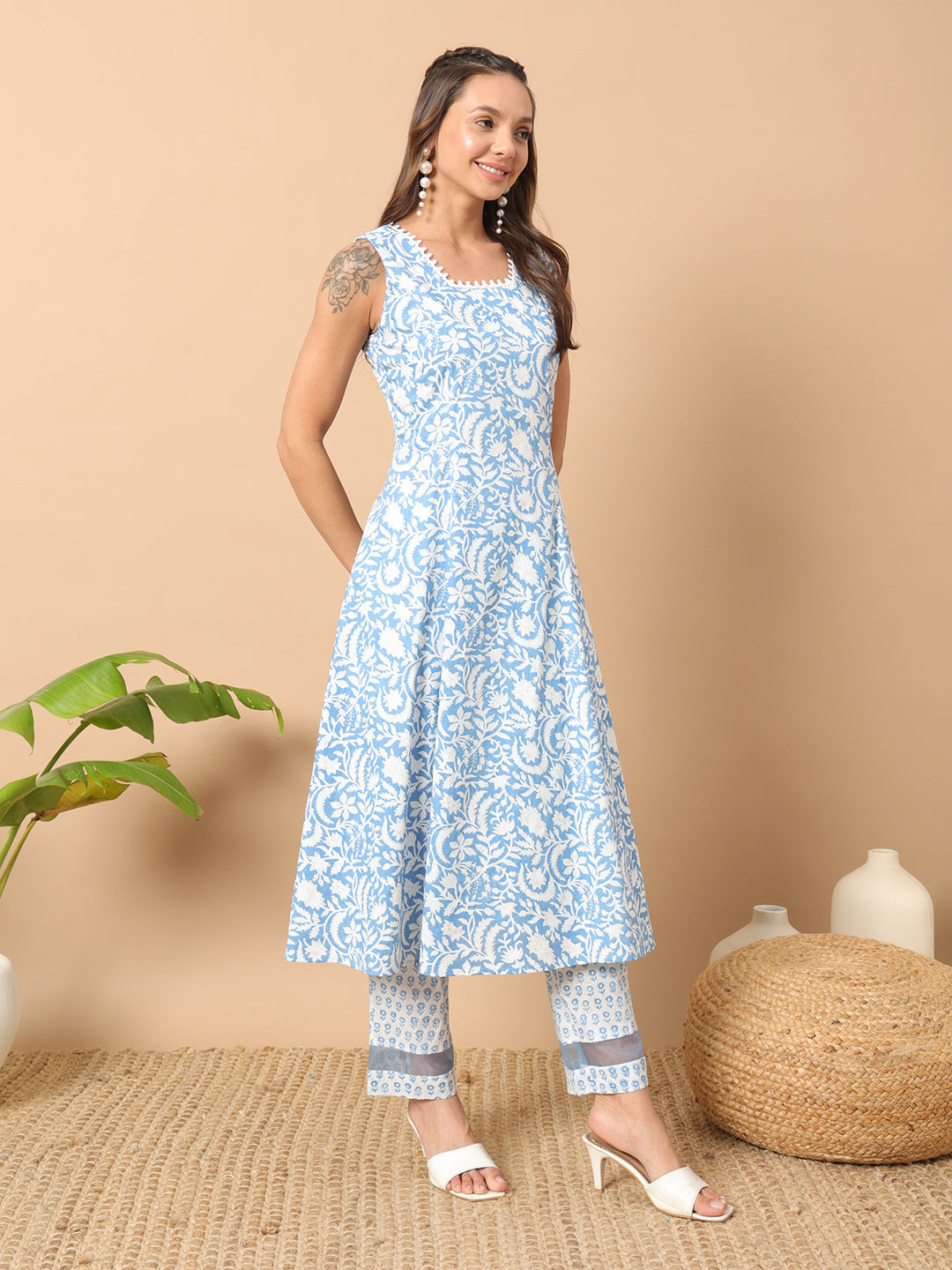 Women's Sky Blue Cotton A-line Kurta and Pant With Dupatta