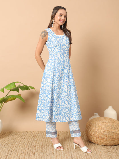 Women's Sky Blue Cotton A-line Kurta and Pant With Dupatta