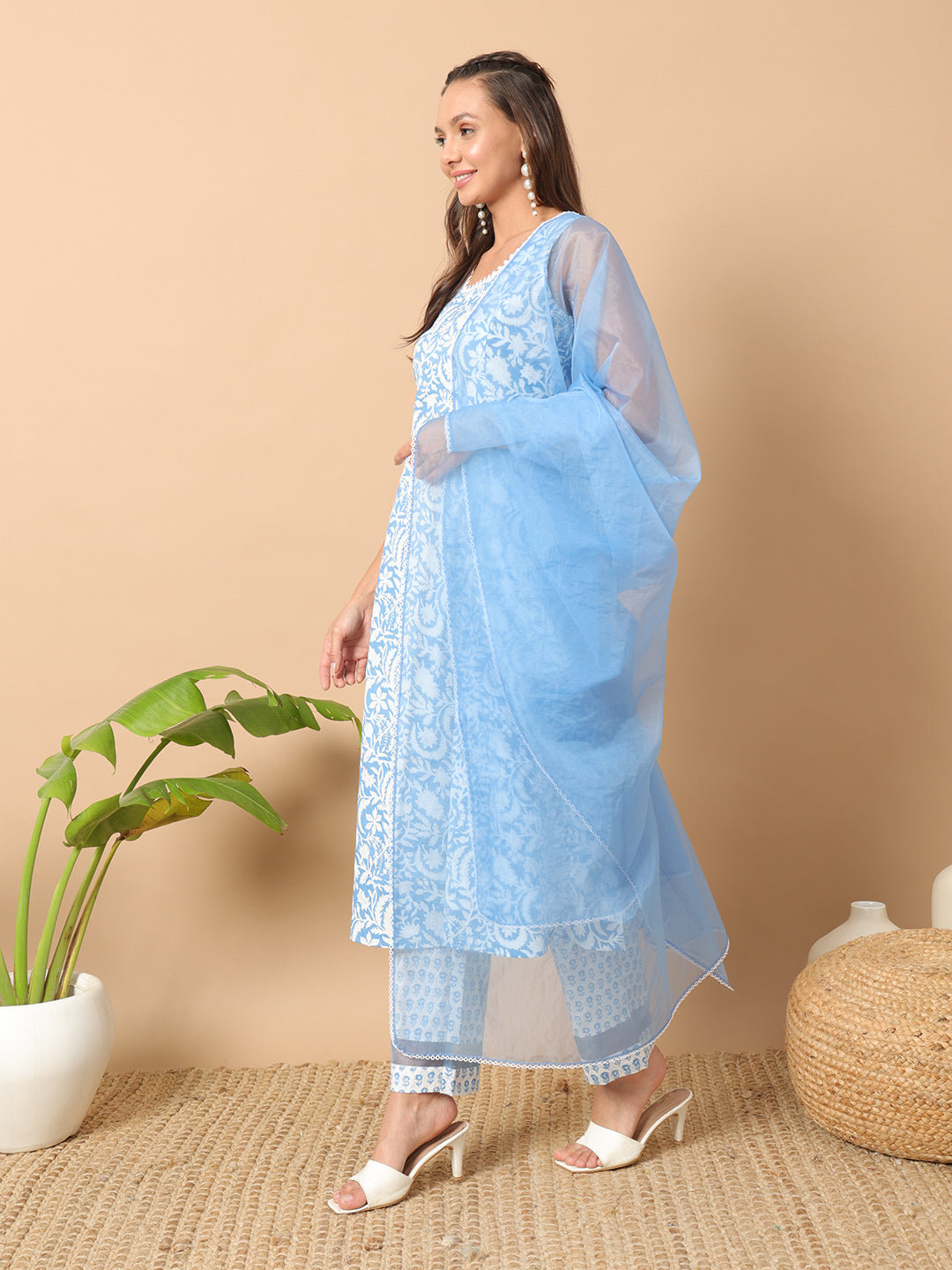 Women's Sky Blue Cotton A-line Kurta and Pant With Dupatta