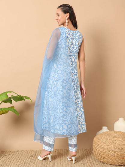 Women's Sky Blue Cotton A-line Kurta and Pant With Dupatta