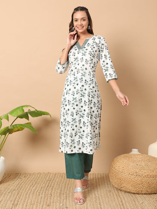 Dhiyona FL Women's White Cotton Straight Kurta Set