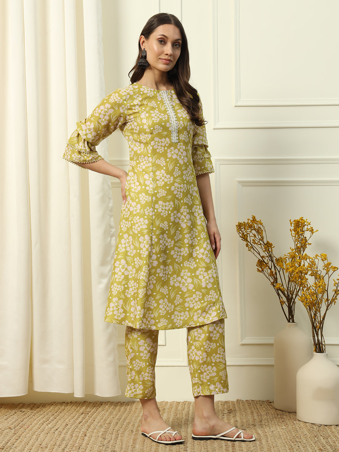 Women's Light Yellow Cotton Blend A-Line Kurta and Pant