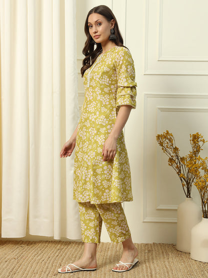 Women's Light Yellow Cotton Blend A-Line Kurta and Pant