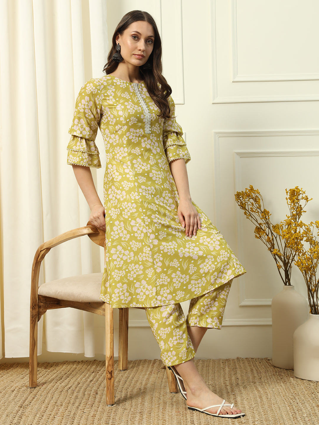 Women's Light Yellow Cotton Blend A-Line Kurta and Pant