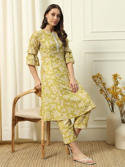 Women's Light Yellow Cotton Blend A-Line Kurta and Pant