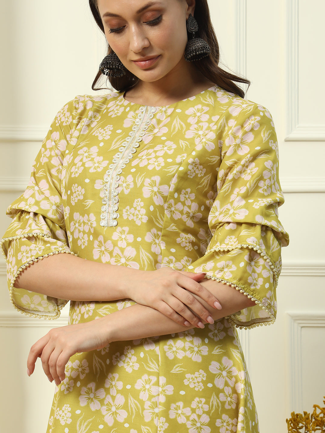 Women's Light Yellow Cotton Blend A-Line Kurta and Pant