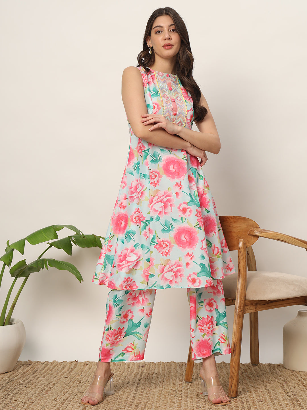Women's Pink Cotton Blend A-Line Kurta Set