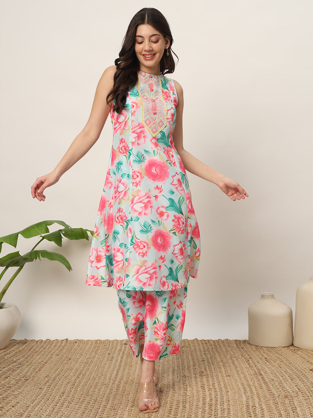 Women's Pink Cotton Blend A-Line Kurta Set