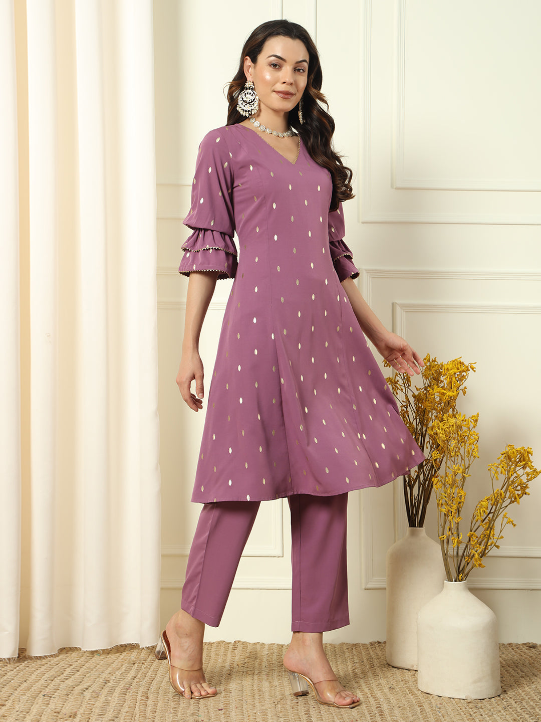 Women's Lavender Crepe Flared Kurta and Pant With Dupatta