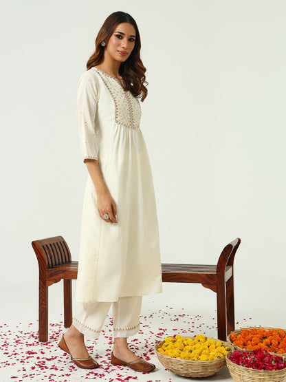 Women's Off White Silk Blend Nayra Cut Kurta and Palazzo With Embroidered Dupatta