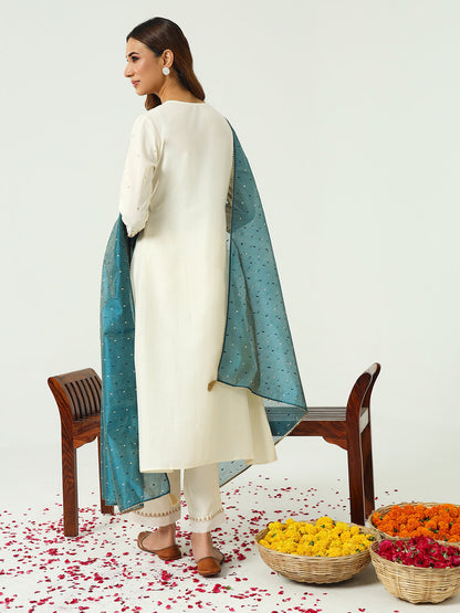 Women's Off White Silk Blend Nayra Cut Kurta and Palazzo With Embroidered Dupatta