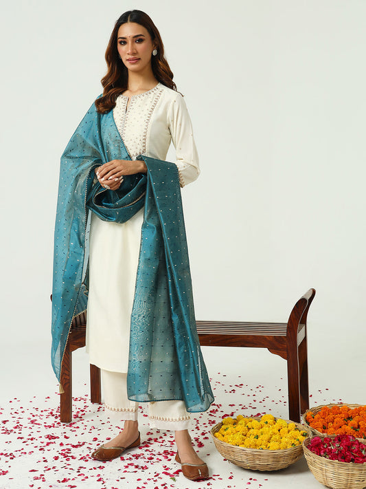Women's Off White Silk Blend Nayra Cut Kurta and Palazzo With Embroidered Dupatta
