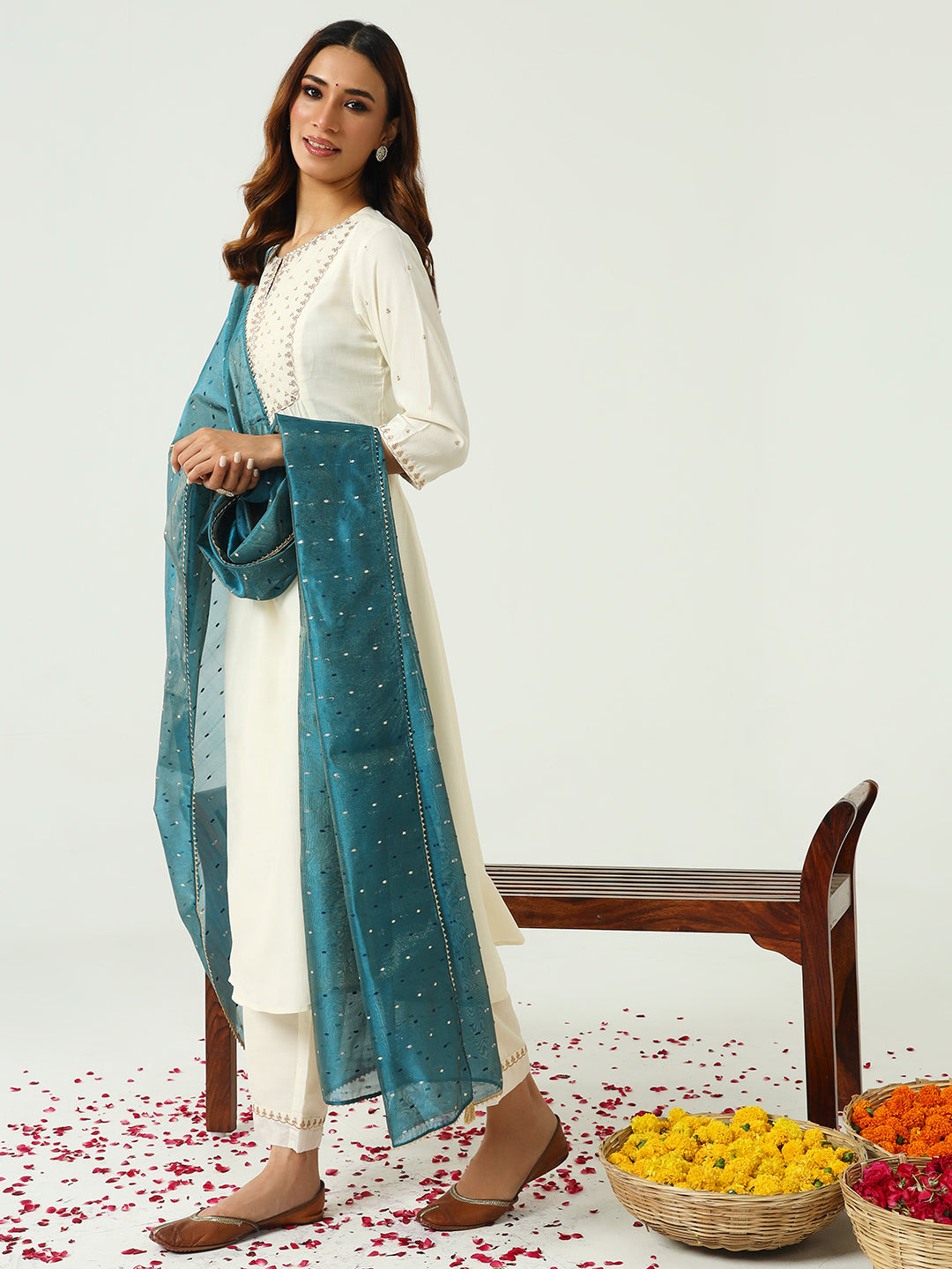 Women's Off White Silk Blend Nayra Cut Kurta and Palazzo With Embroidered Dupatta