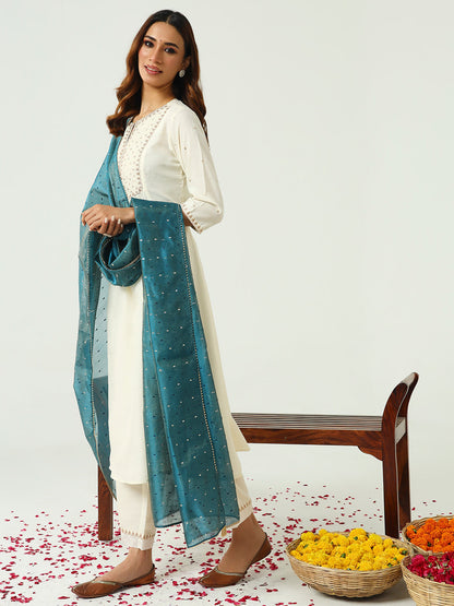 Women's Off White Silk Blend Nayra Cut Kurta and Palazzo With Embroidered Dupatta