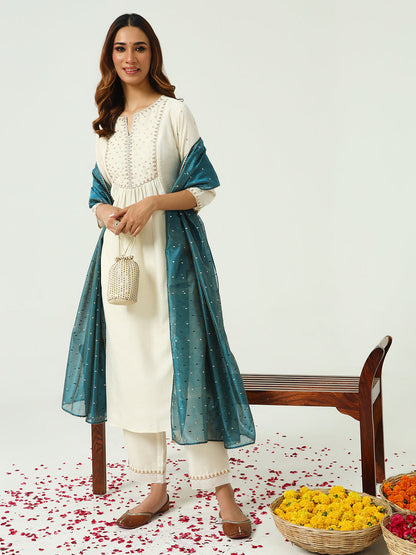 Women's Off White Silk Blend Nayra Cut Kurta and Palazzo With Embroidered Dupatta