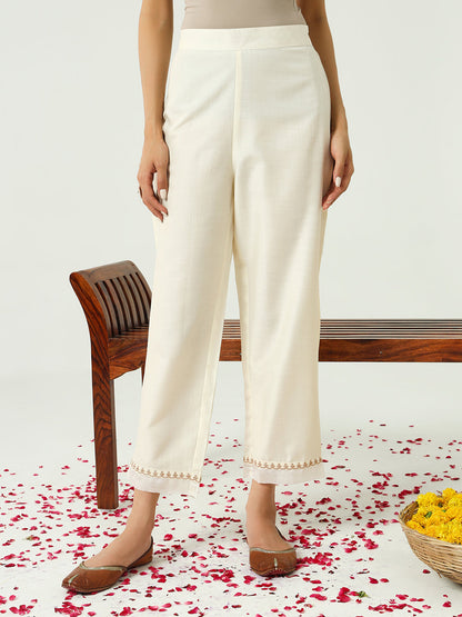Women's Off White Silk Blend Nayra Cut Kurta and Palazzo With Embroidered Dupatta