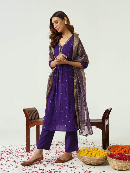 Women's Purple Chanderi A-line Kurta with Pant and Dupatta