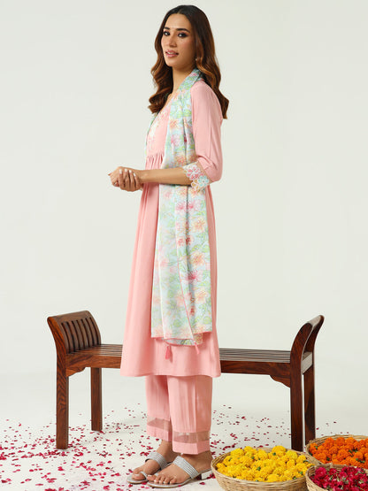Women's Peach Viscose Chanderi A-line Kurta with Pant and Dupatta