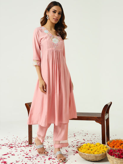 Women's Peach Viscose Chanderi A-line Kurta with Pant and Dupatta