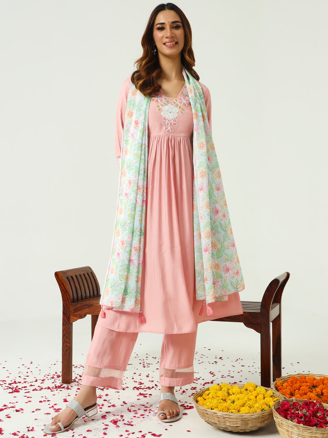 Women's Peach Viscose Chanderi A-line Kurta with Pant and Dupatta