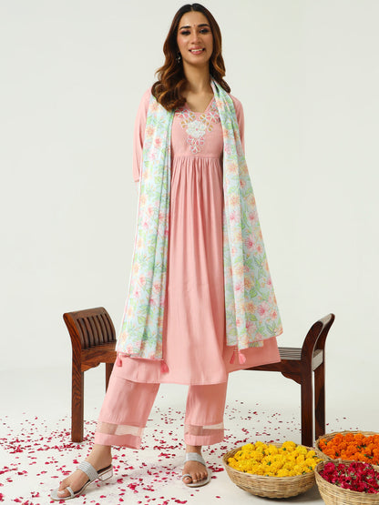 Women's Peach Viscose Chanderi A-line Kurta with Pant and Dupatta
