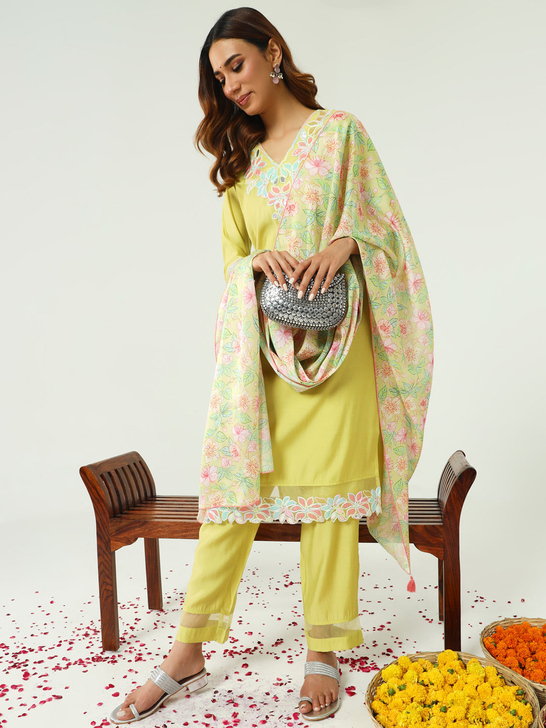 Women's Yellow Viscose Chanderi Straight Kurta with Pant and Dupatta