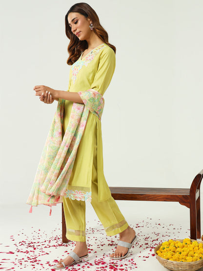 Women's Yellow Viscose Chanderi Straight Kurta with Pant and Dupatta