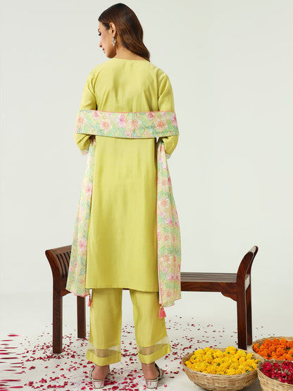 Women's Yellow Viscose Chanderi Straight Kurta with Pant and Dupatta