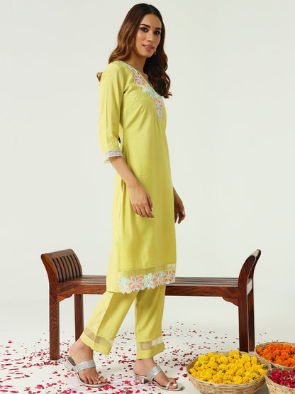Women's Yellow Viscose Chanderi Straight Kurta with Pant and Dupatta