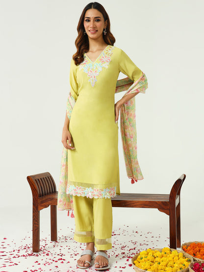 Women's Yellow Viscose Chanderi Straight Kurta with Pant and Dupatta