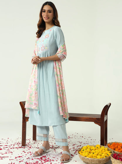 Women's Sky Blue Viscose Chanderi A-line Kurta with Pant and Dupatta