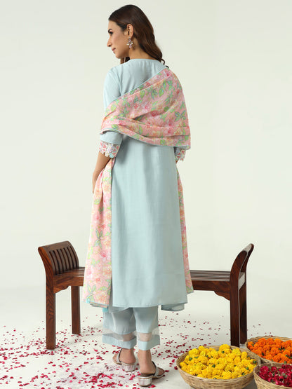 Women's Sky Blue Viscose Chanderi A-line Kurta with Pant and Dupatta
