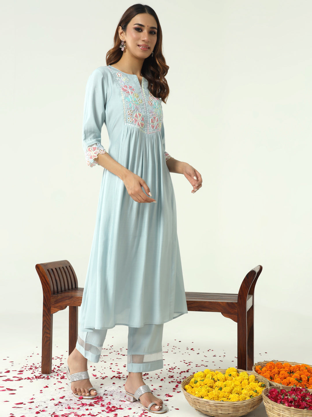Women's Sky Blue Viscose Chanderi A-line Kurta with Pant and Dupatta
