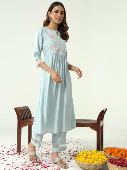 Women's Sky Blue Viscose Chanderi A-line Kurta with Pant and Dupatta