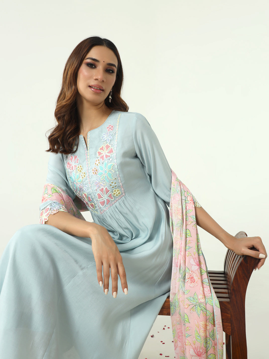 Women's Sky Blue Viscose Chanderi A-line Kurta with Pant and Dupatta