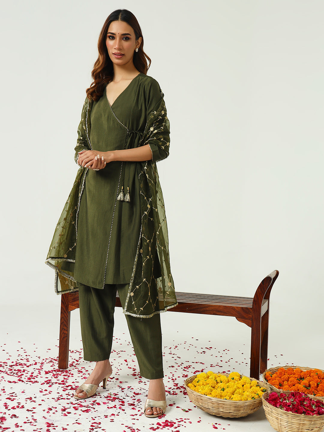 Women's Green Silk Blend Angrakha Kurta with Pant and Dupatta