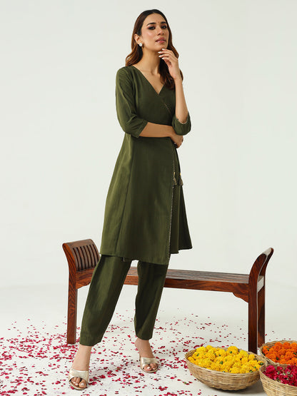 Women's Green Silk Blend Angrakha Kurta with Pant and Dupatta