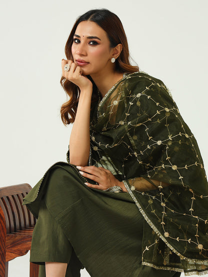 Women's Green Silk Blend Angrakha Kurta with Pant and Dupatta