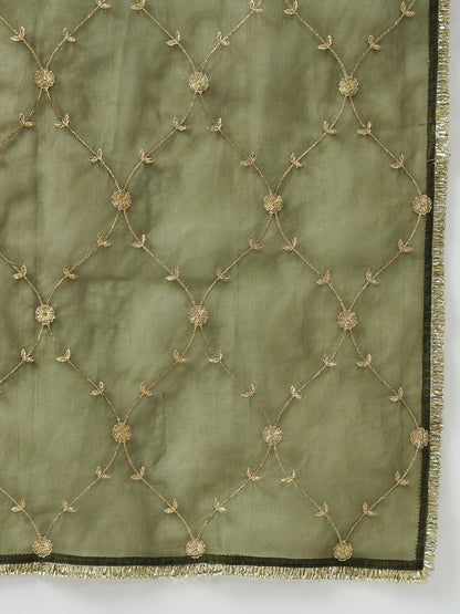 Women's Green Silk Blend Angrakha Kurta with Pant and Dupatta