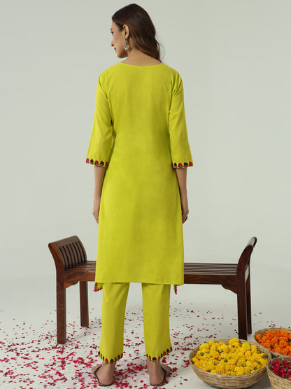 Dhiyona FL Women's Lime yellow Cotton Flared Kurta Set