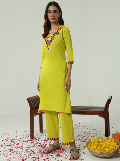 Dhiyona FL Women's Lime yellow Cotton Flared Kurta Set