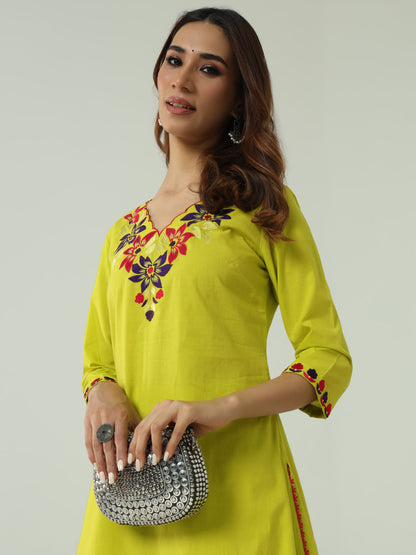 Dhiyona FL Women's Lime yellow Cotton Flared Kurta Set