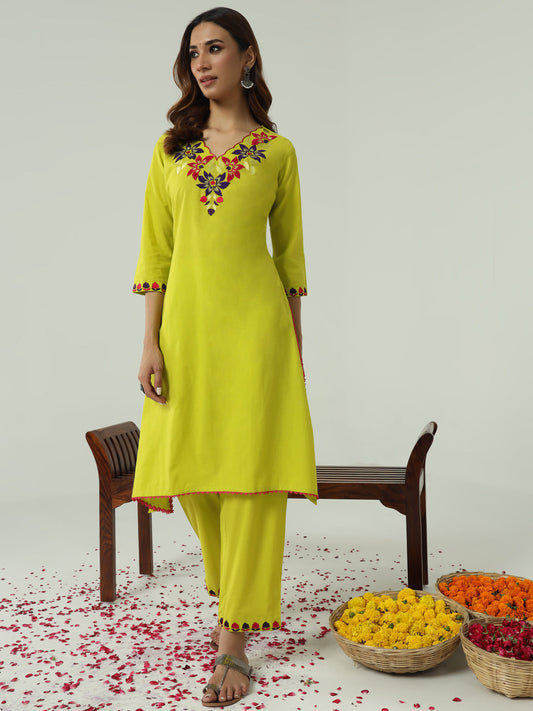 Dhiyona FL Women's Lime yellow Cotton Flared Kurta Set