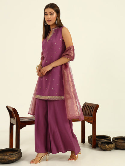 Women's Lavender Viscose Chanderi Straight Kurta with Palazzo and Dupatta
